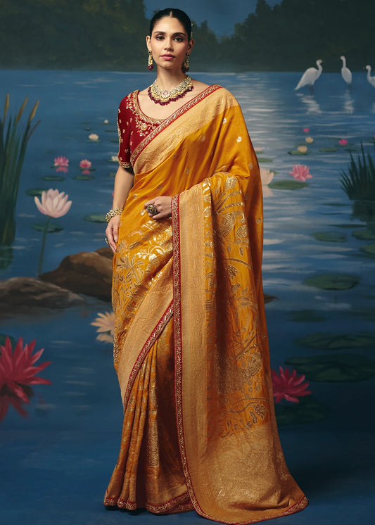 Yellow Banarasi Silk Bridal Saree & Red Embroidered Blouse