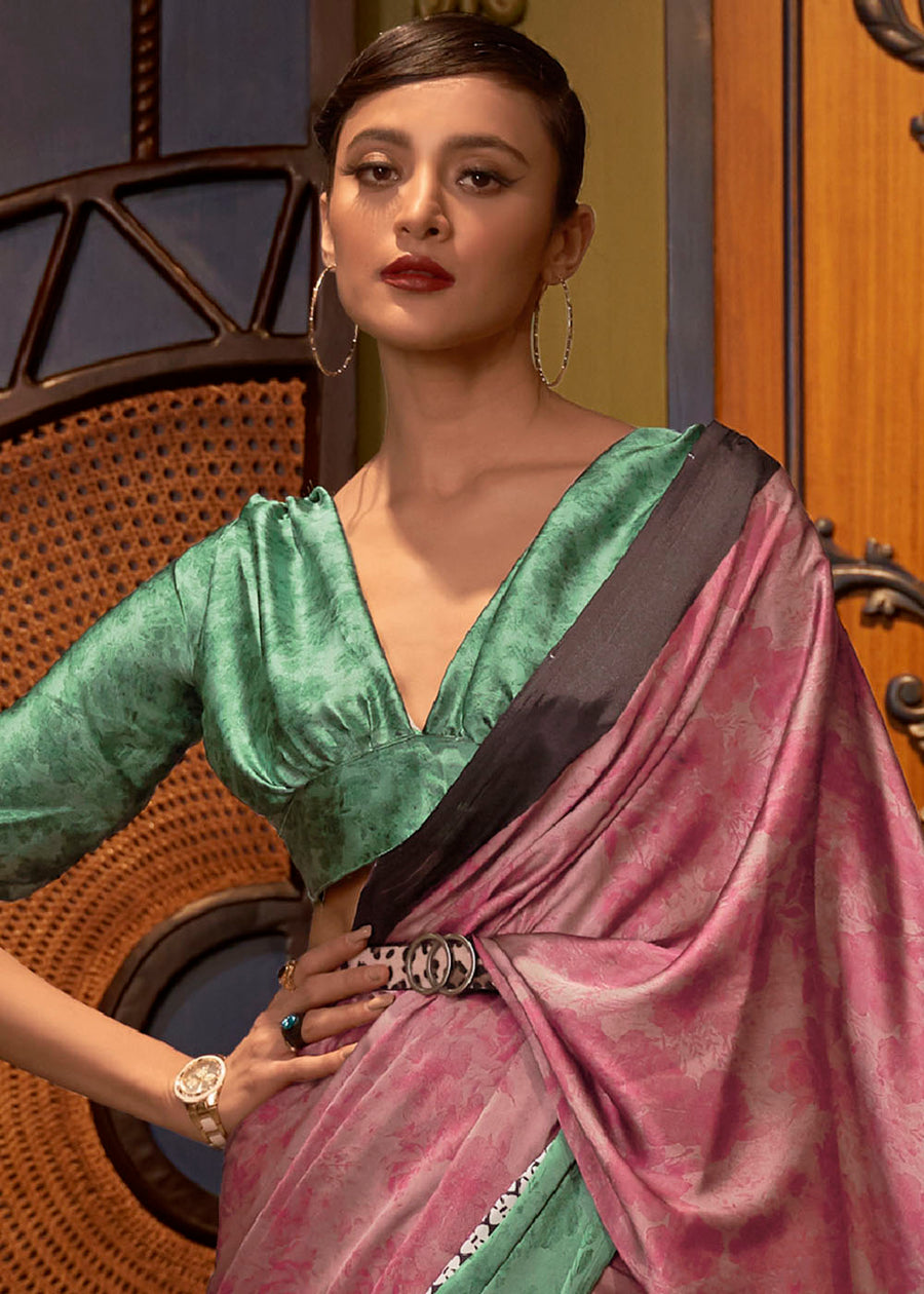 Pure Satin Crepe Silk Pink and Green Printed Saree