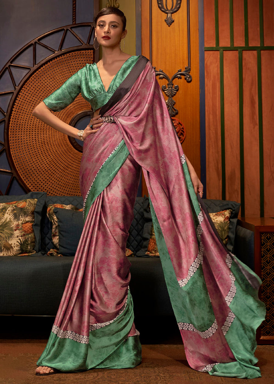 Pure Satin Crepe Silk Pink and Green Printed Saree