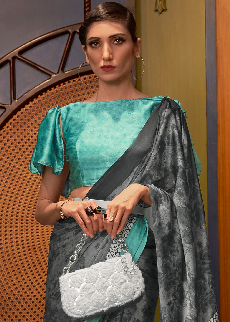 Pure Satin Crepe Silk Grey and Sea Green Printed Saree