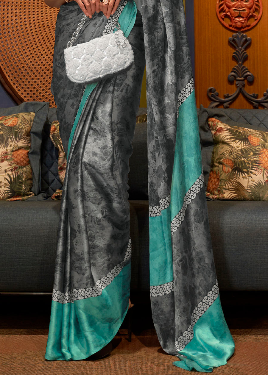 Pure Satin Crepe Silk Grey and Sea Green Printed Saree