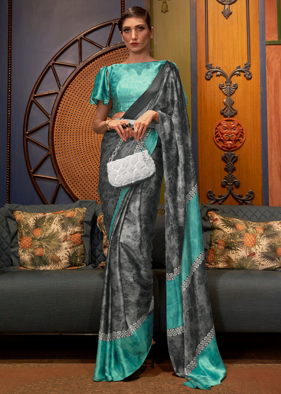 Pure Satin Crepe Silk Grey and Sea Green Printed Saree