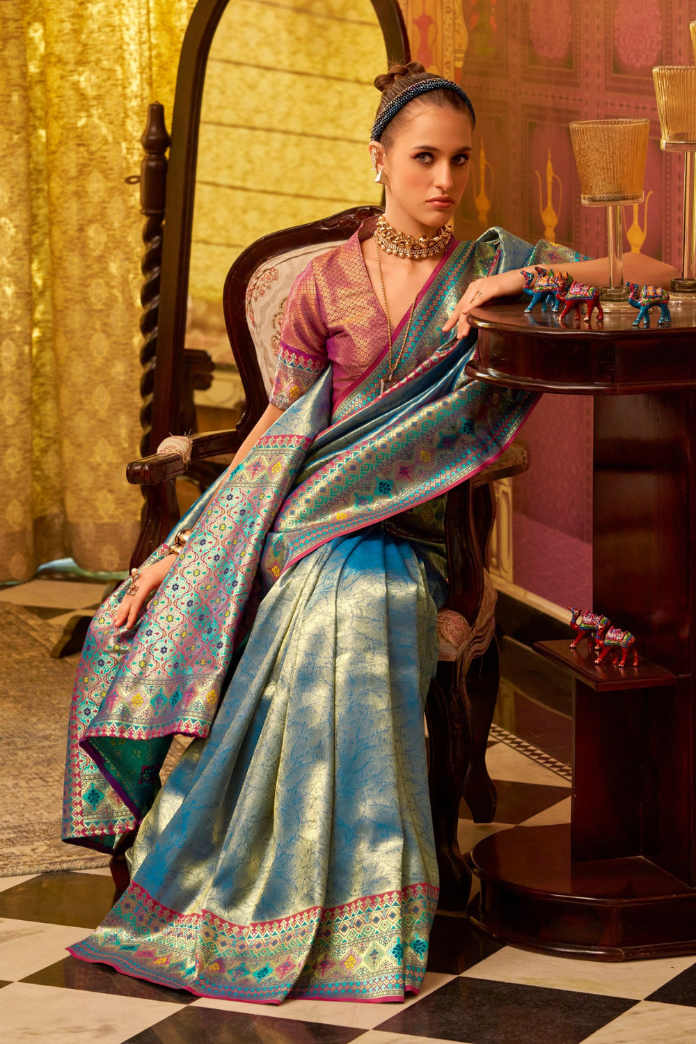 Sky Blue Banarasi Tissue Silk Multicolor Weaving Border Saree