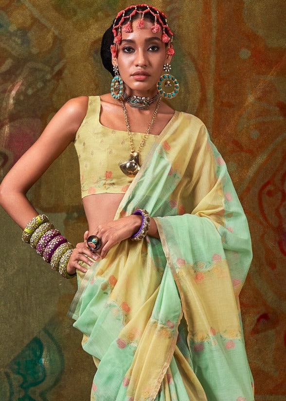 Green and Lime Yellow Handwoven Cotton Silk Saree