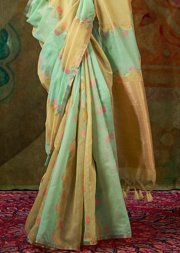 Green and Lime Yellow Handwoven Cotton Silk Saree