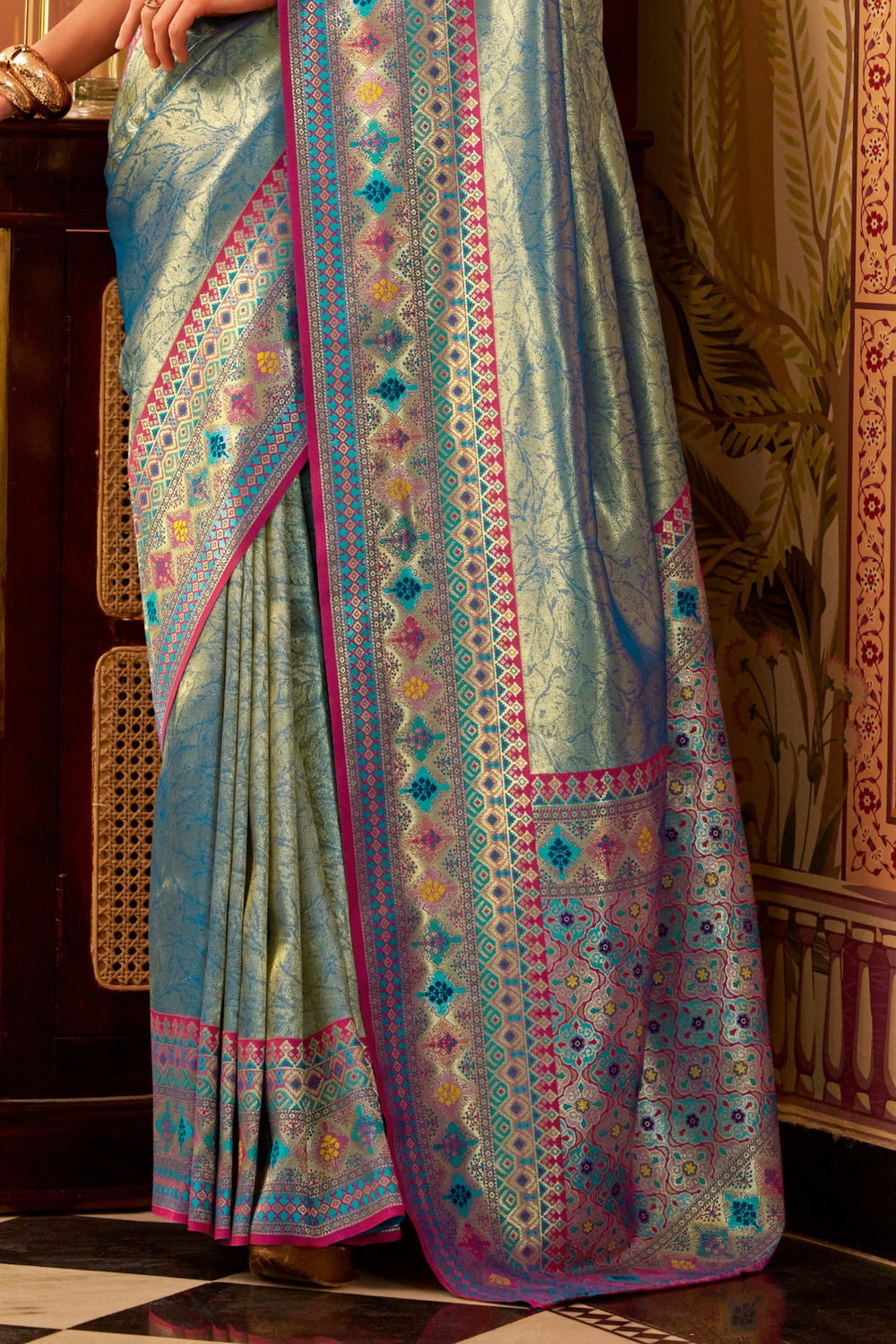 Sky Blue Banarasi Tissue Silk Multicolor Weaving Border Saree