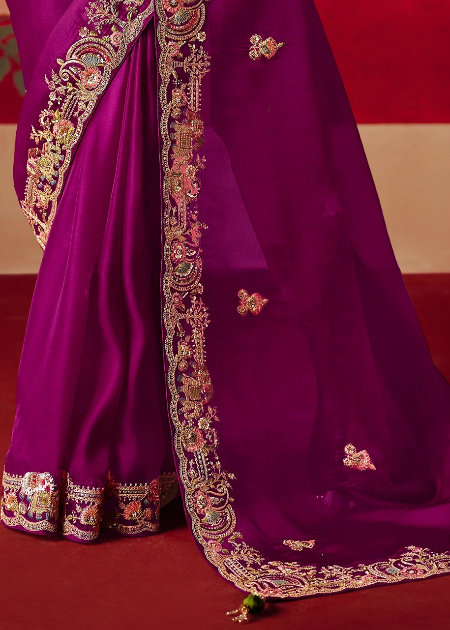 Designer Magenta Pink Organza Tissue Silk Embroidered Saree