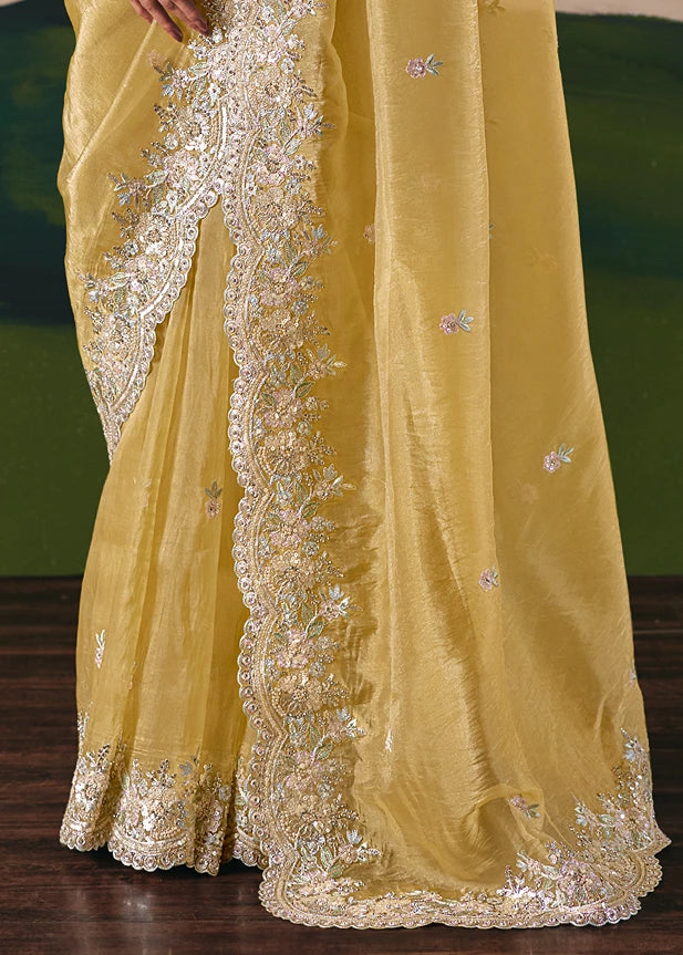 Pastel Yellow Organza Tissue Silk Embroidered Bridal Saree & Blue Blouse