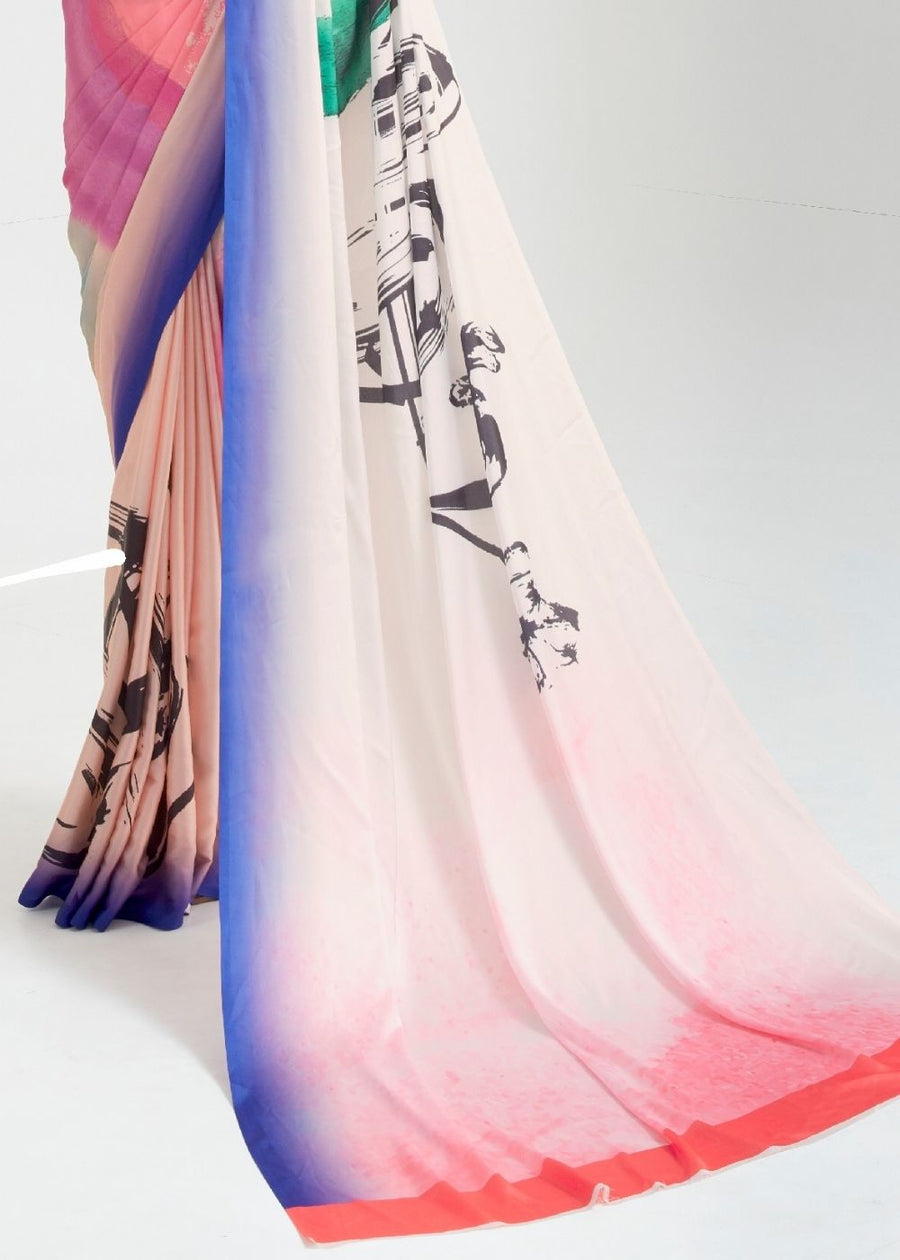 Pure Satin Silk Rose Peach Abstract Printed Multicolor Saree