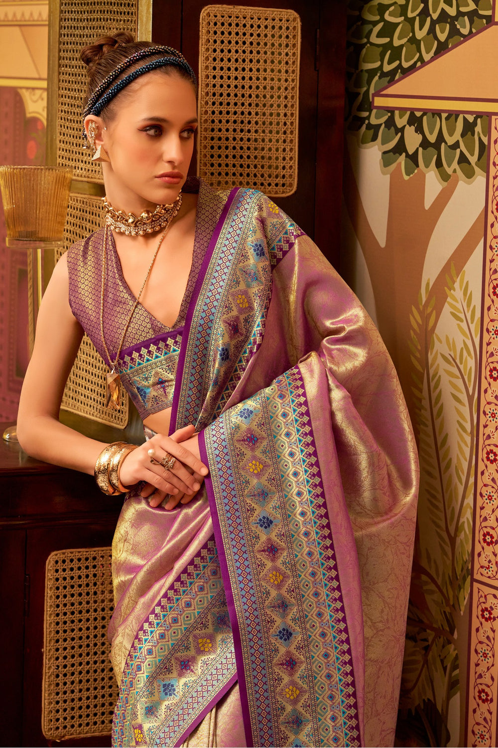 Pastel Pink Banarasi Tissue Silk Multicolor Weaving Border Saree