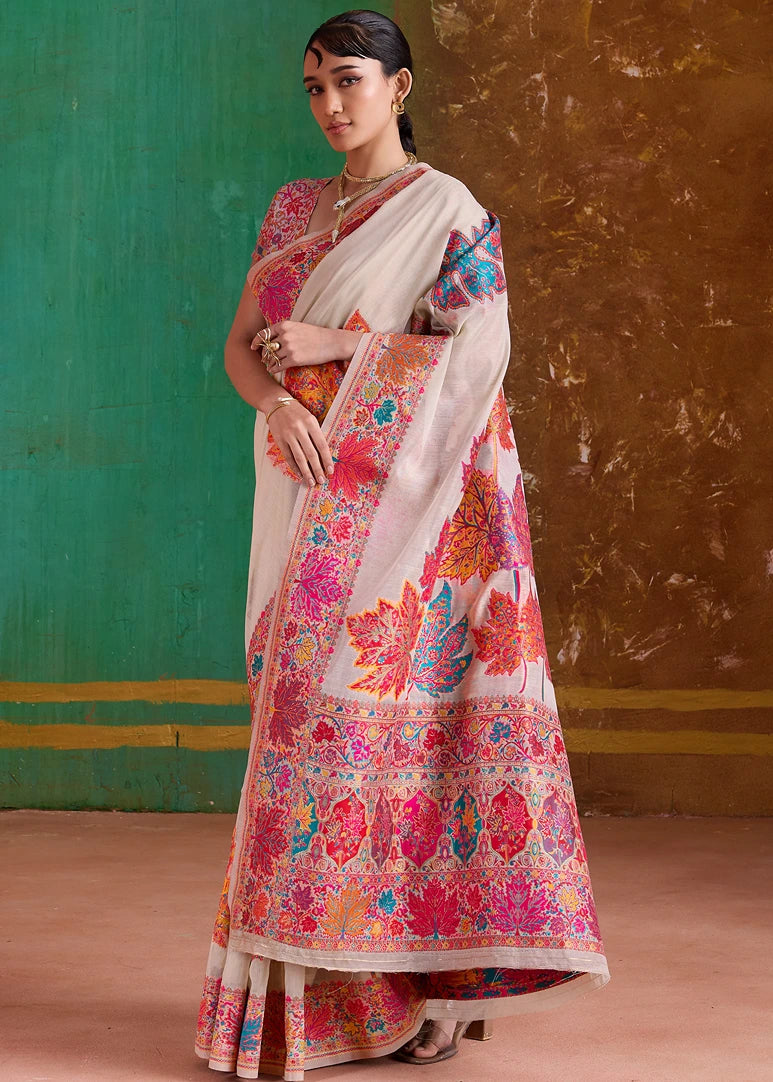 Off White Pure Handloom Kashmiri Silk Saree