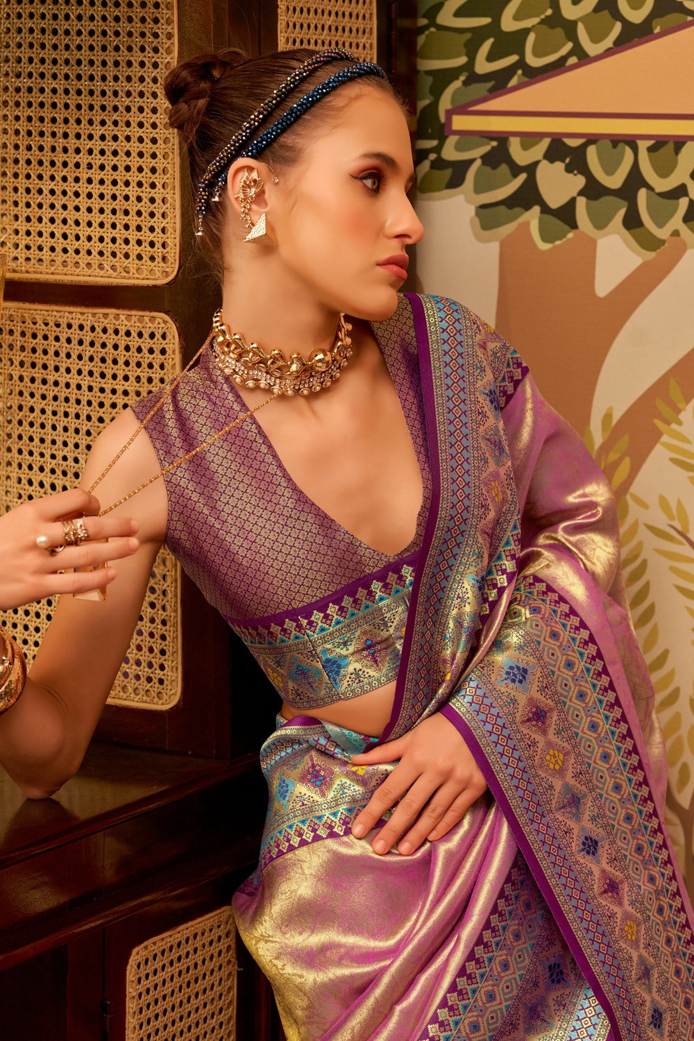 Pastel Pink Banarasi Tissue Silk Multicolor Weaving Border Saree