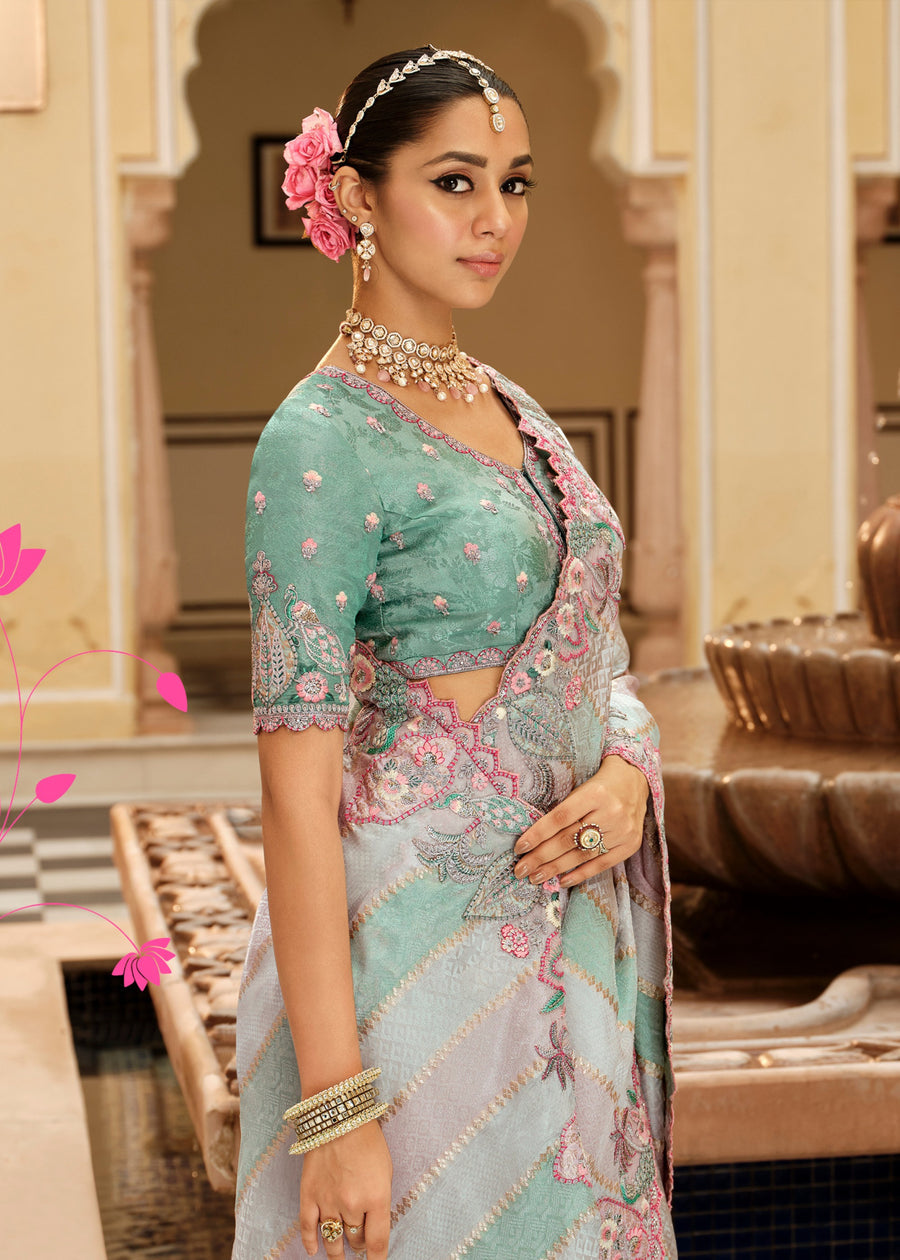 Pastel Green & Pink Soft Banarasi Silk Embroidered Saree