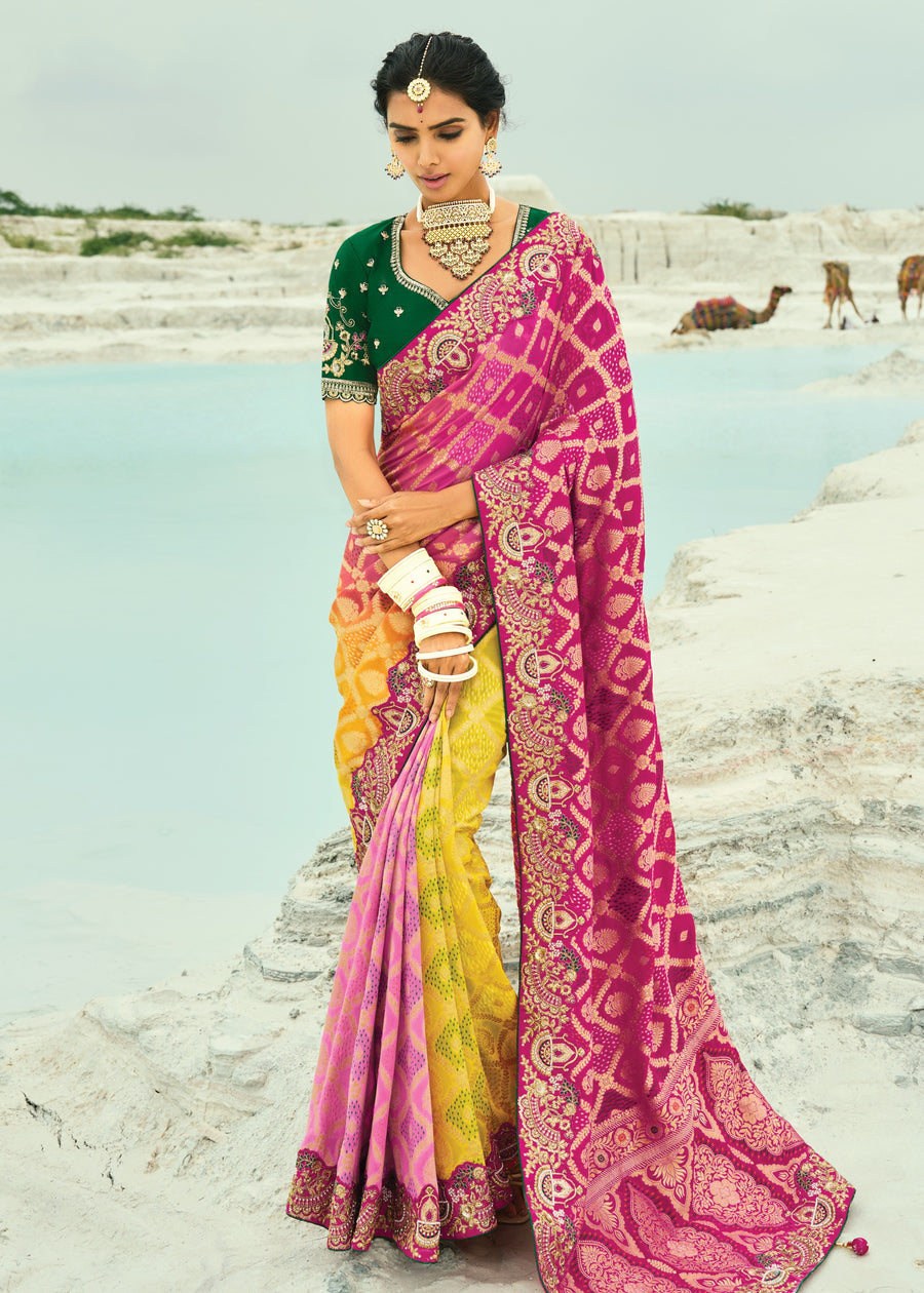Yellow Pink Multicolor Ombre Khaddi Georgette Embroidered Bandhani Saree