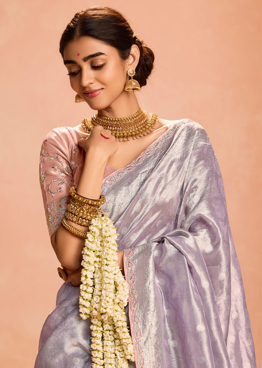 Pure Banarasi Tissue Silk Embroidered Lavender Purple Handloom Saree & Contrast Peach Blouse
