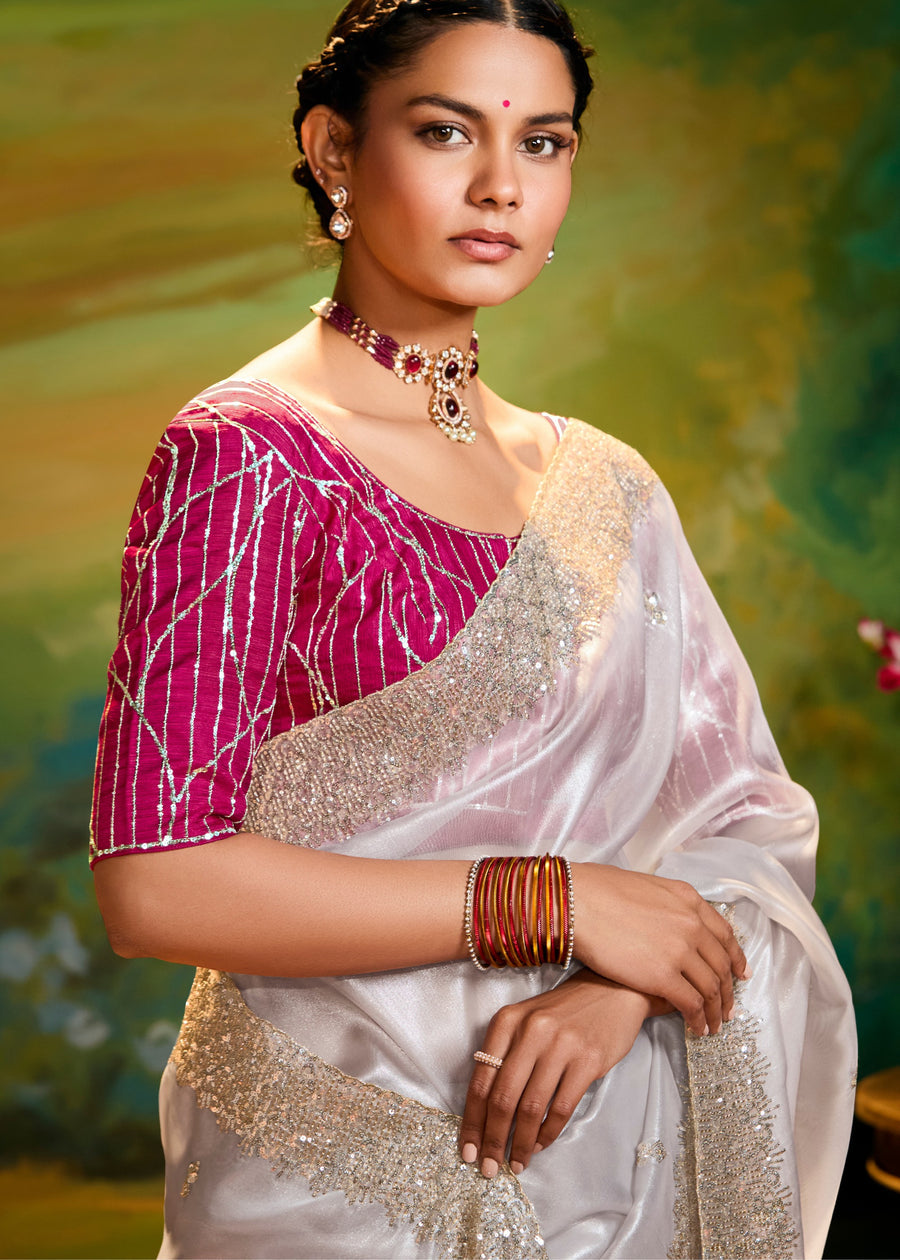 Organza Tissue White Sequins Embroidered Saree & Pinkish Red Blouse