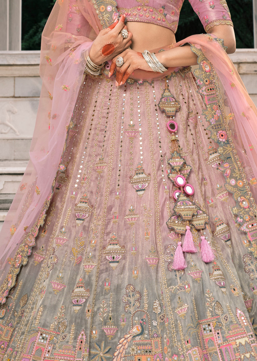 Pastel Pink & Grey Ombre Effect Mirror Work Embroidered Silk Lehenga Choli