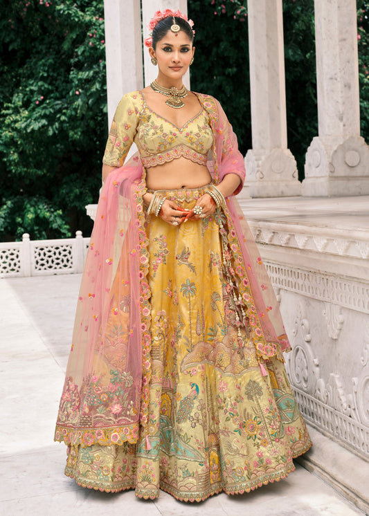 Yellow Embroidered Silk Lehenga Choli & Contrast Pink Dupatta