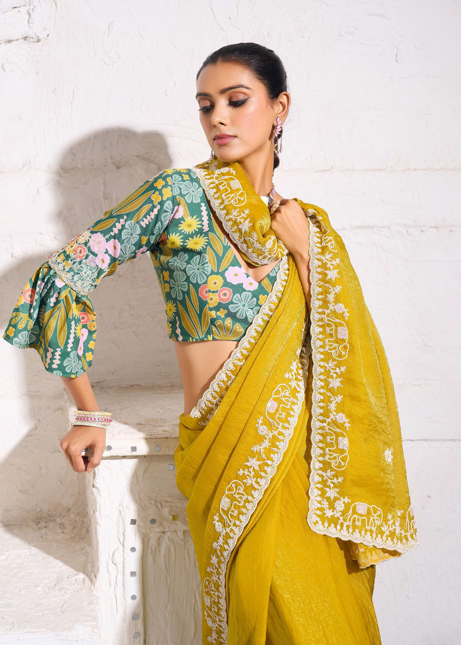 Crushed Tissue Yellow Embroidered Saree & Green Printed Blouse