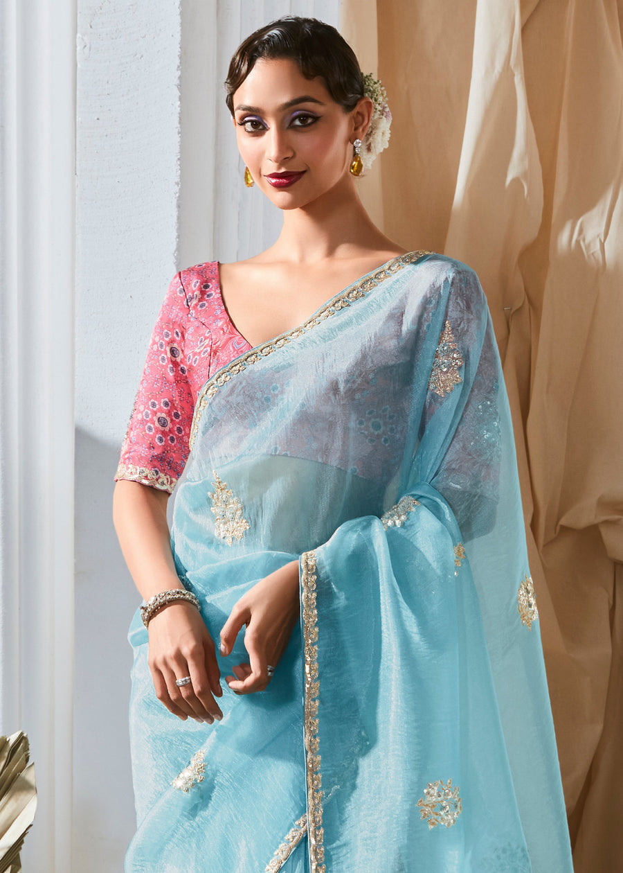 Pastel Blue Organza Tissue Silk Embroidered Saree & Pink Printed Blouse
