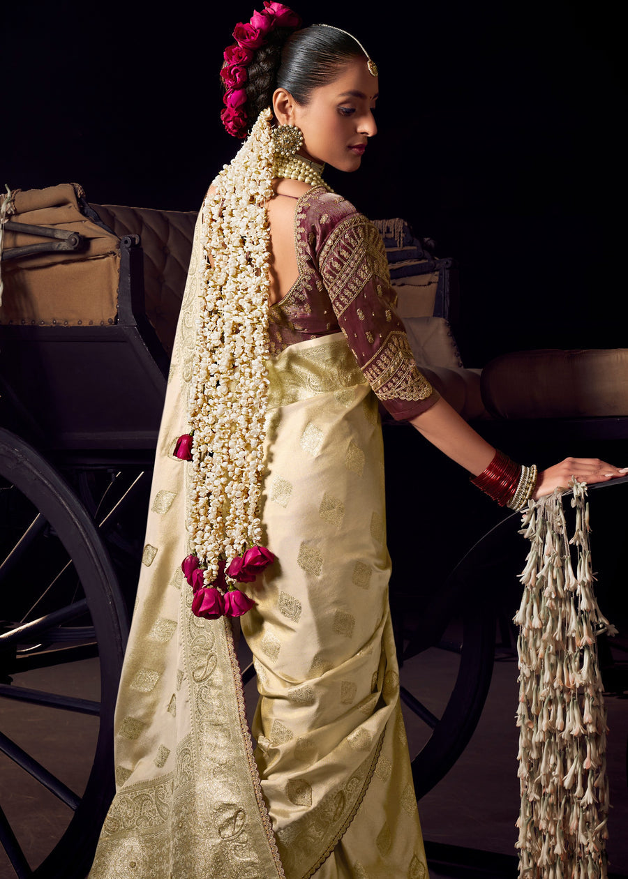 Banarasi Tissue Silk Pearl White Handloom Saree & Contrast Brown Embroidered Blouse