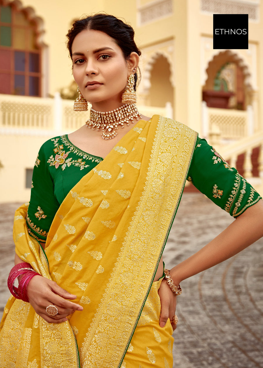 Dola Banarasi Silk Yellow Saree With Contrast Green Embroidered Blouse