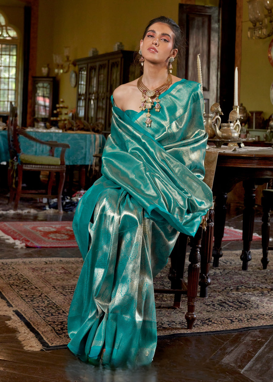 Greenish Blue Zari Work Handloom Weaving Kanjivaram Silk Saree