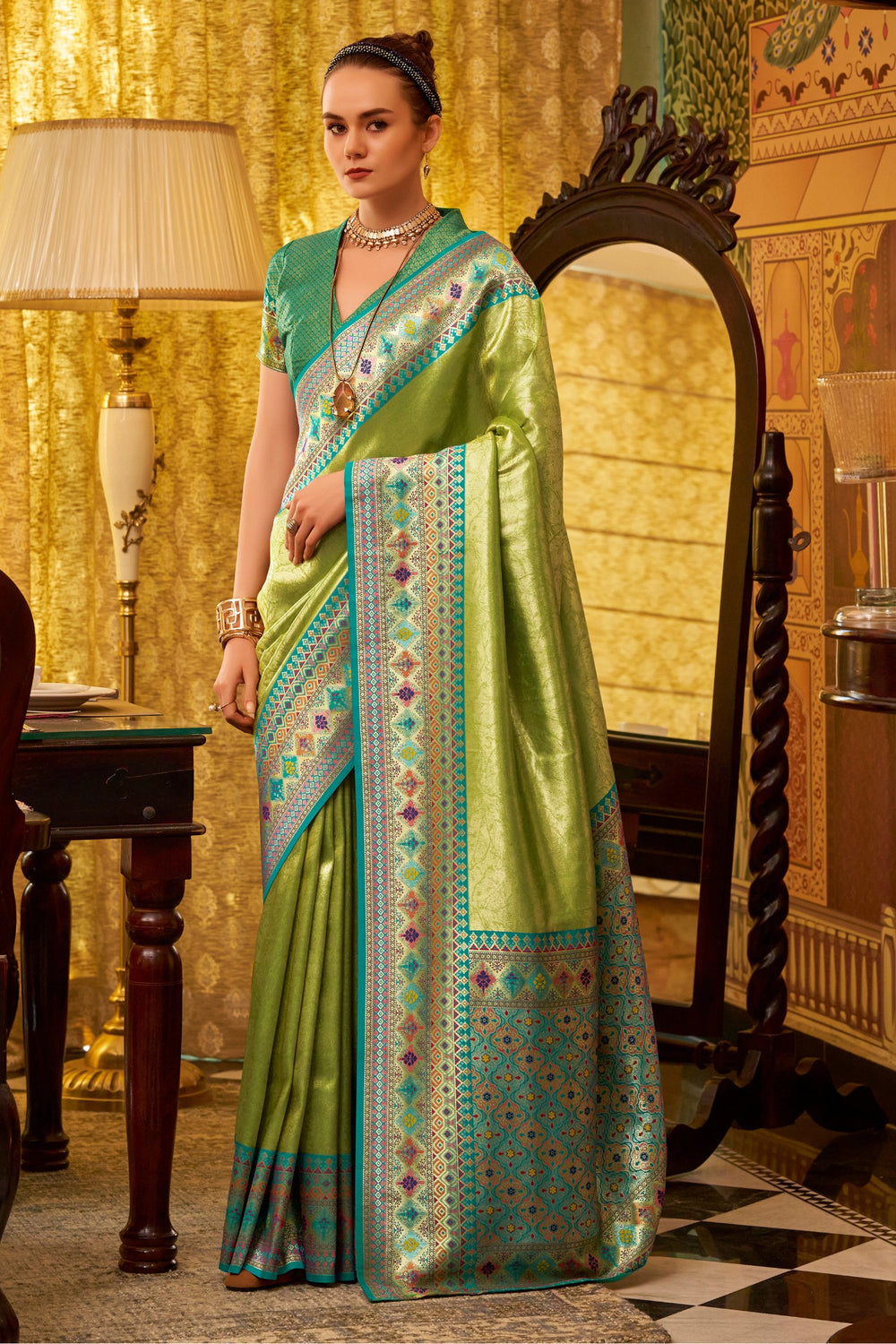 Green Banarasi Tissue Silk Multicolor Weaving Border Saree