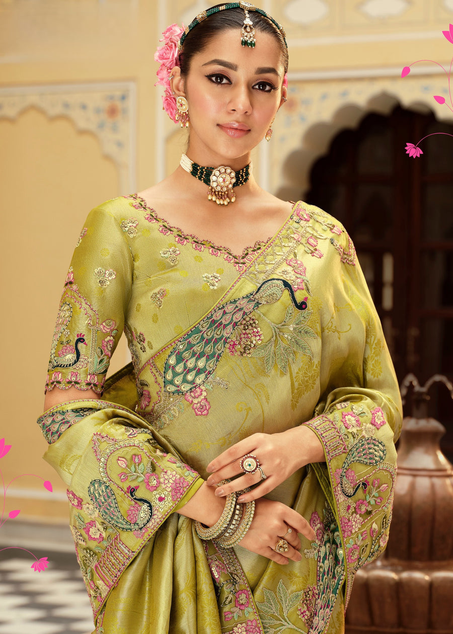 Lime Green Soft Banarasi Silk Embroidered Saree