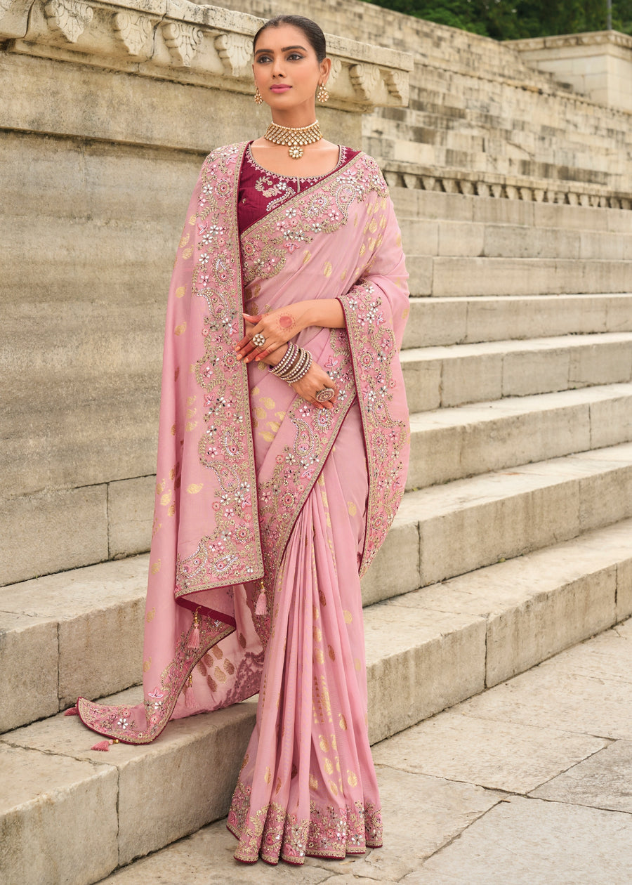 Banarasi Viscose Tissue Silk Pastel Pink Handloom Embroidered Saree With Cut Work Border
