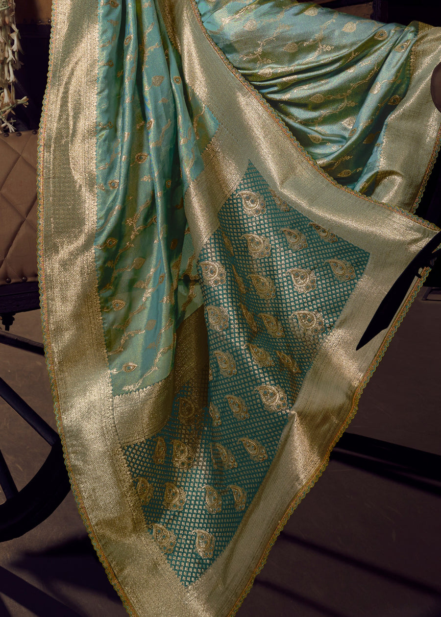 Banarasi Tissue Silk Sky Blue Handloom Saree & Contrast Yellow Embroidered Blouse