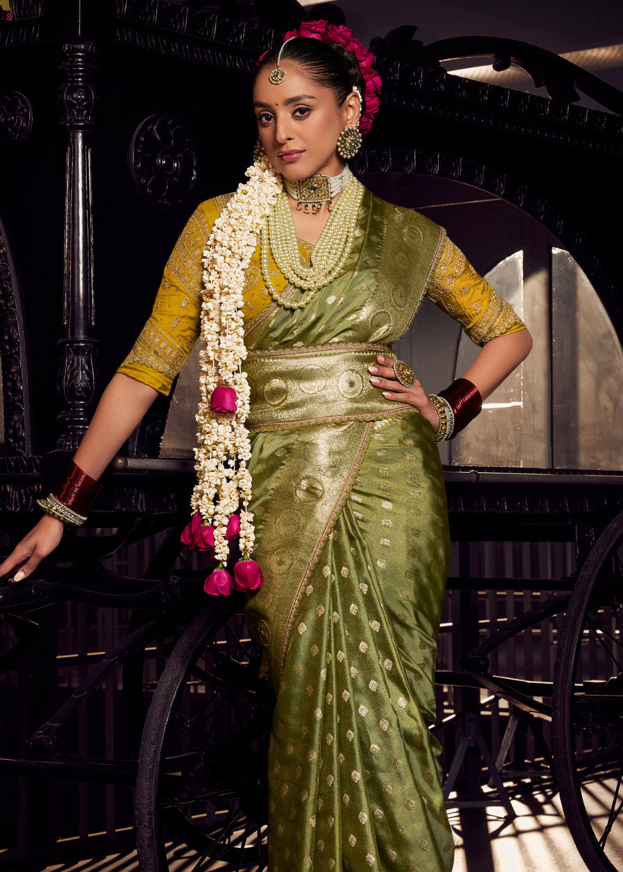 Banarasi Tissue Silk Green Handloom Saree & Contrast Yellow Embroidered Blouse