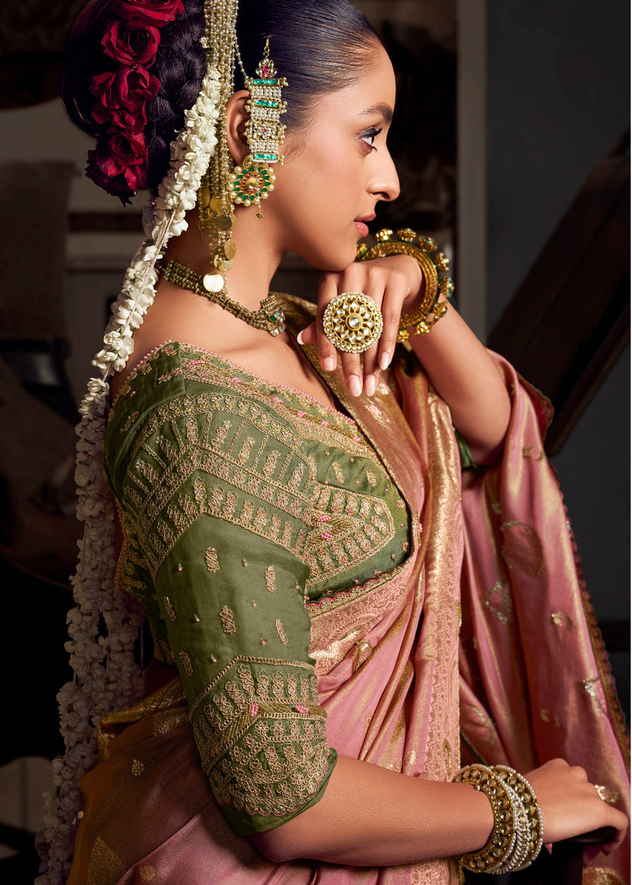 Banarasi Tissue Silk Pastel Pink Handloom Saree & Contrast Green Embroidered Blouse