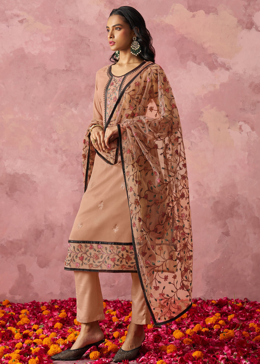 Designer Readymade Beige Georgette Pant Style Suit Set