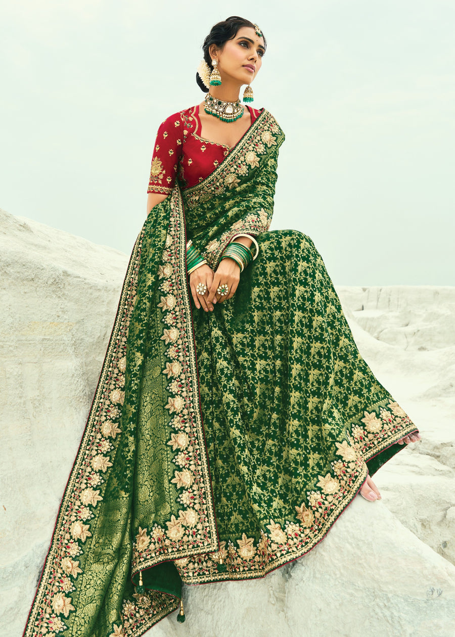Dark Green Khaddi Georgette Embroidered Bandhani Saree & Red Blouse