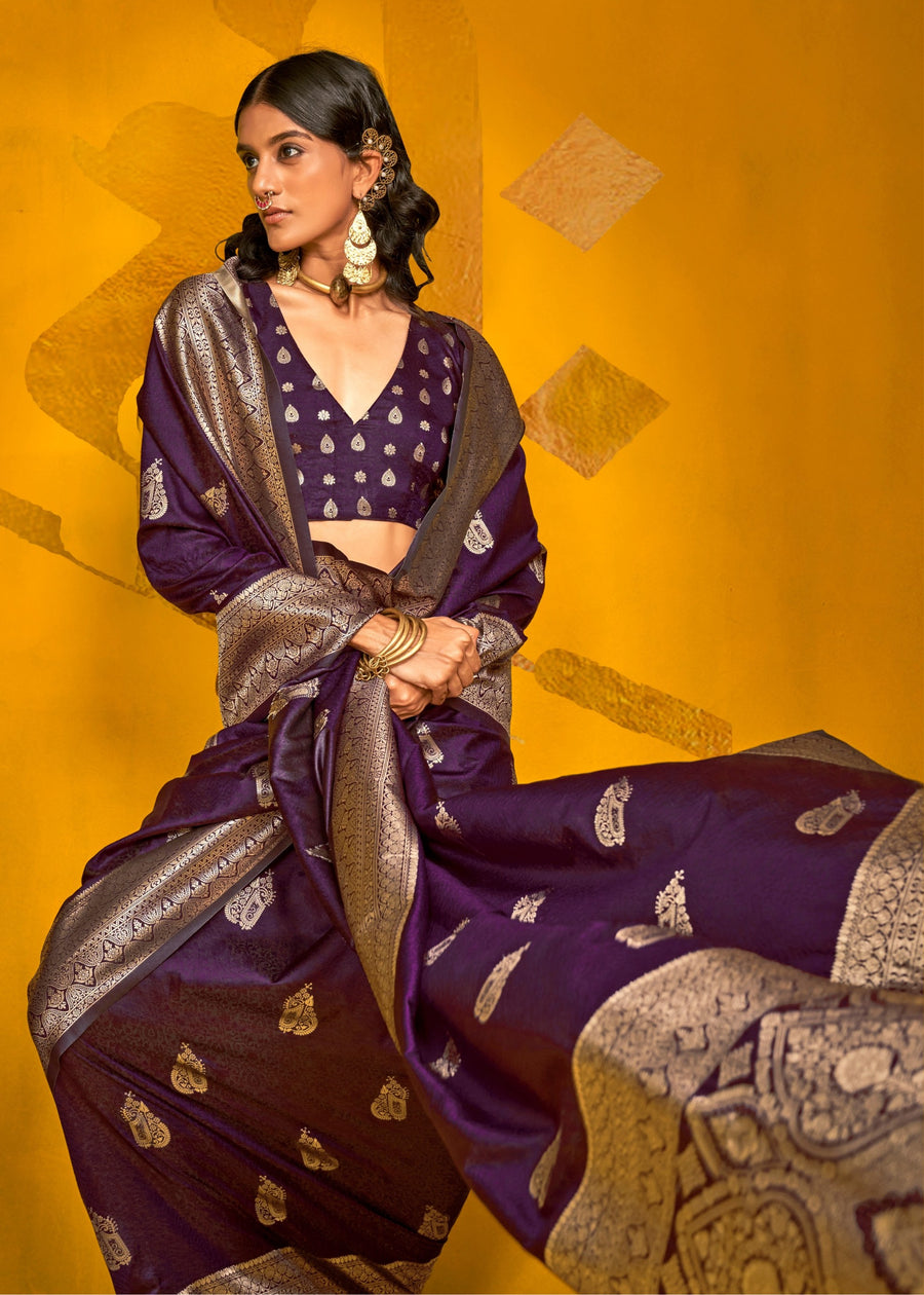Deep Violet Purple Banarasi Silk Handloom Weaving Zari Saree