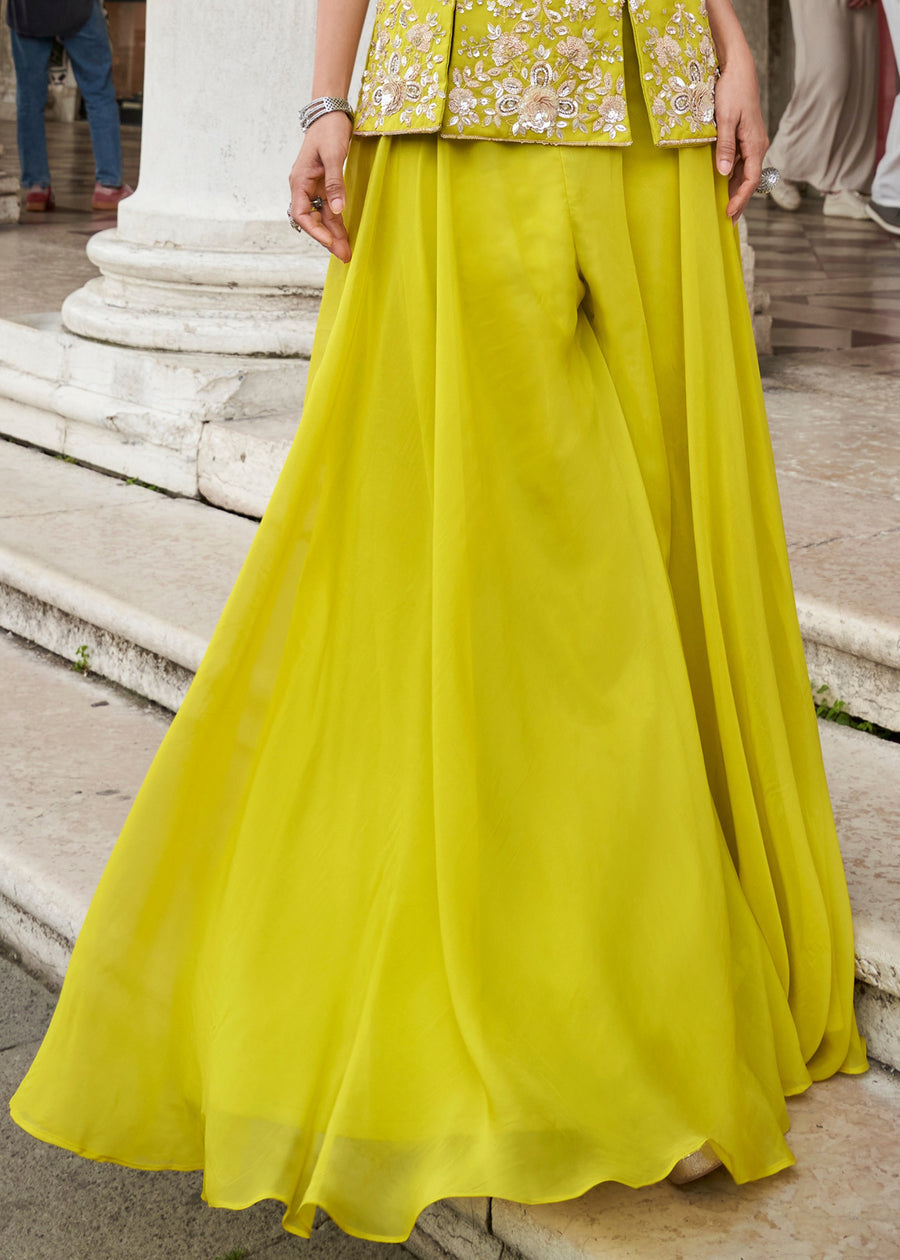 Lime Yellow Organza Silk Wide Leg Palazzo Pant Suit Set