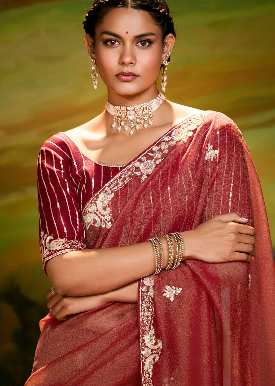 Satin Tissue Rust Brown Embroidered Saree & Contrast Red Blouse