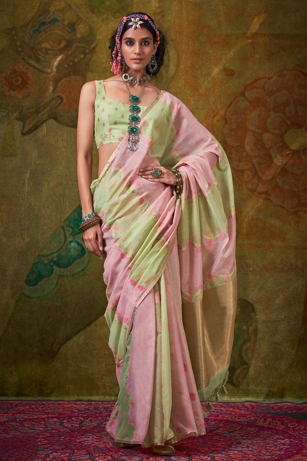 Pastel Pink and Green Handwoven Cotton Silk Saree