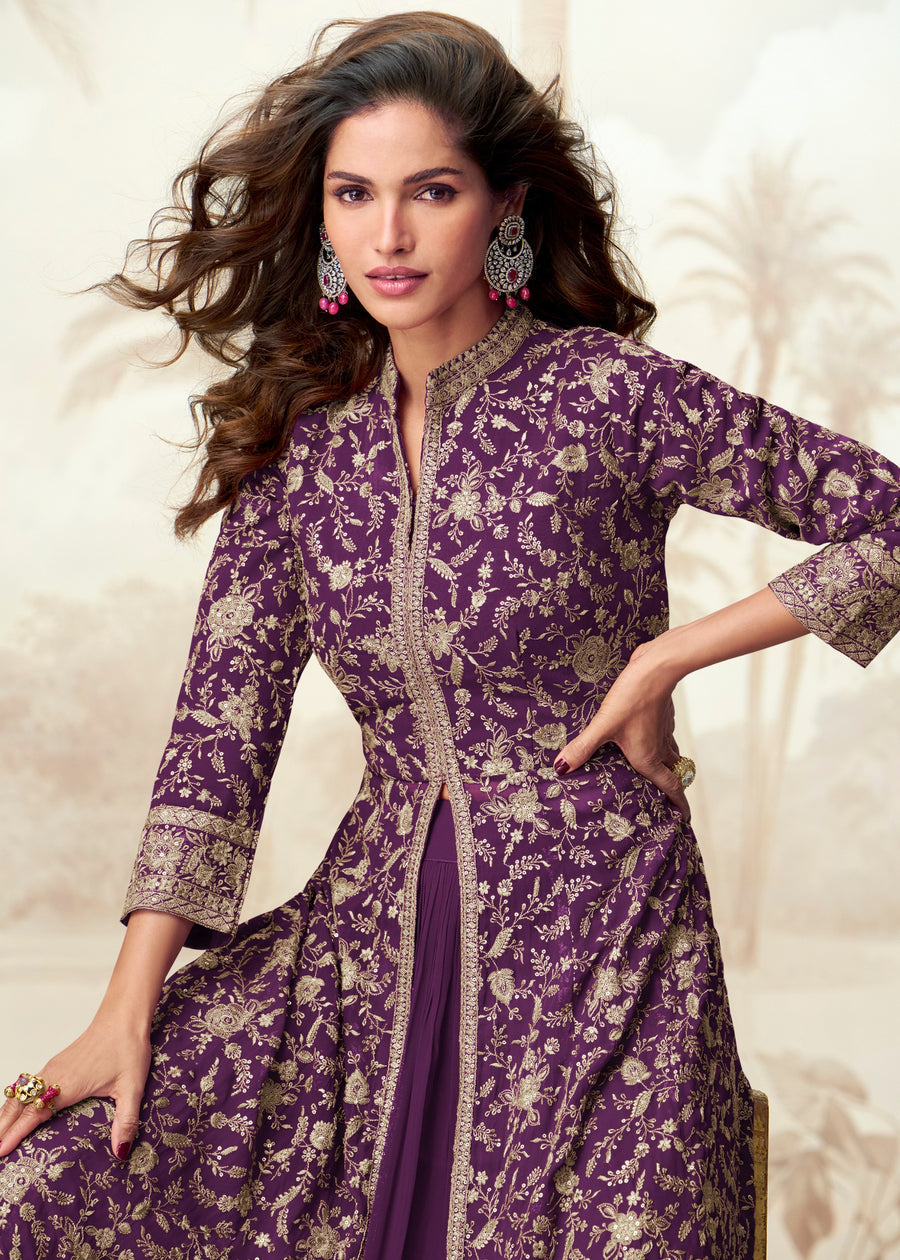 Violet Purple Readymade Jacket Style Anarkali Georgette Suit Set