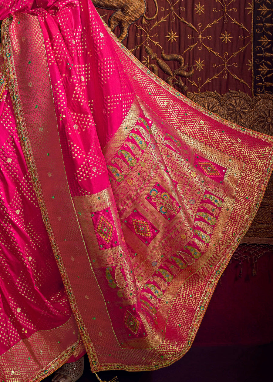 Banarasi Dola Silk Hot Pink Handloom Saree & Contrast Yellow Embroidered Blouse