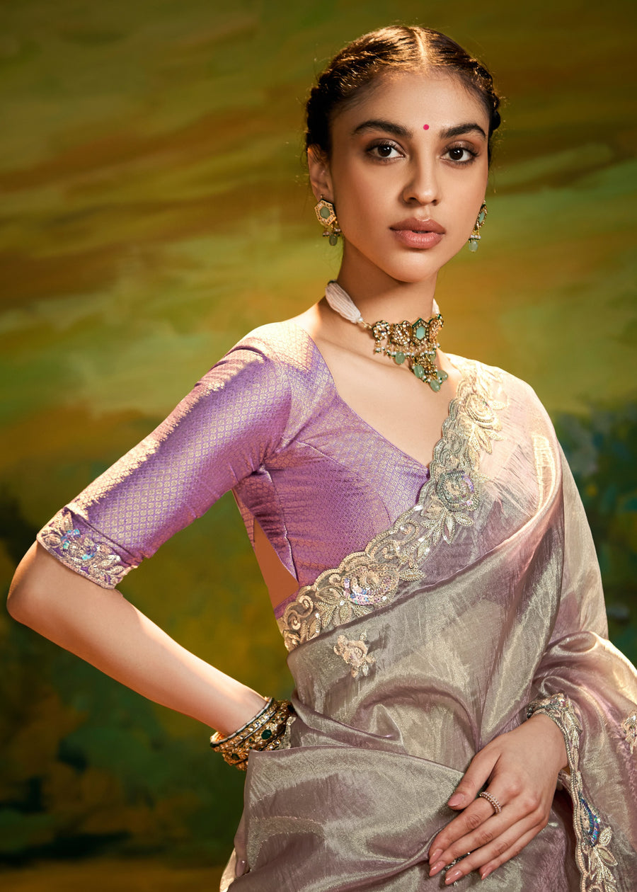 Crushed Satin Tissue Grey Embroidered Saree & Purple Blouse