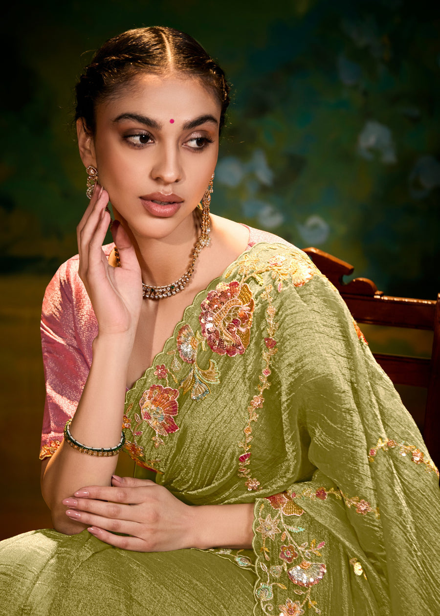 Crushed Satin Tissue Olive Green Embroidered Saree & Pink Banarasi Blouse