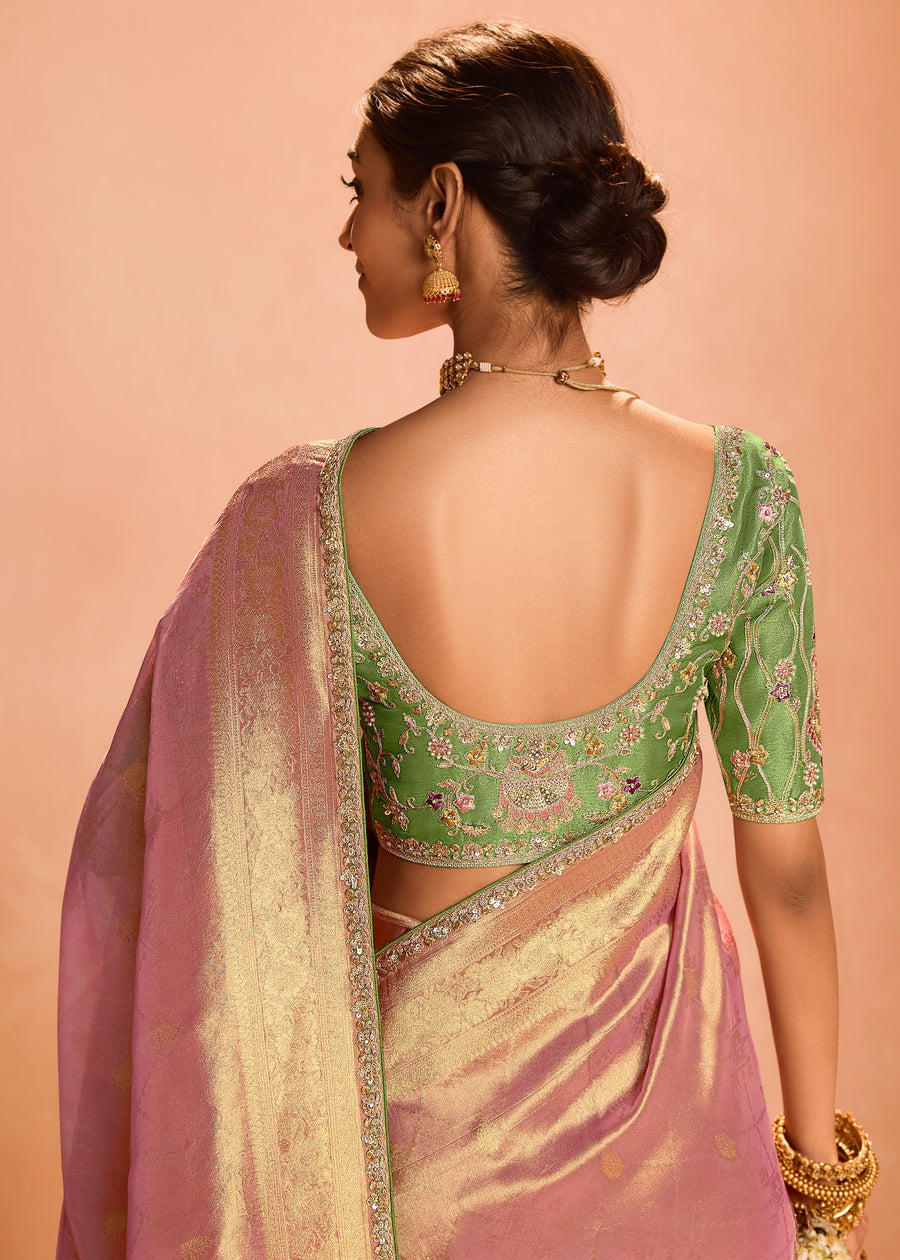 Pure Banarasi Tissue Silk Embroidered Blush Pink Handloom Saree & Contrast Green Blouse