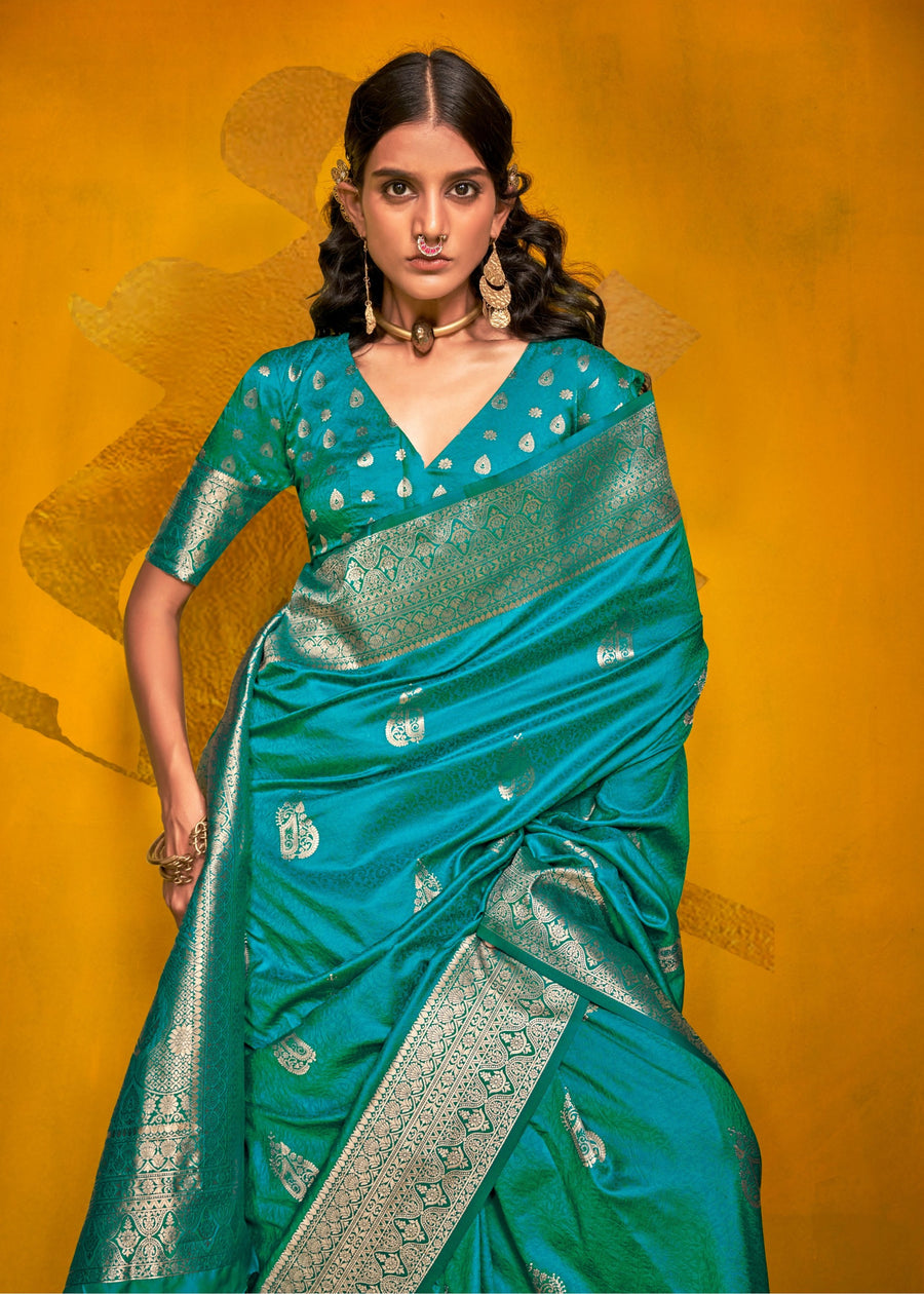 Cyan Blue Banarasi Silk Handloom Weaving Zari Saree