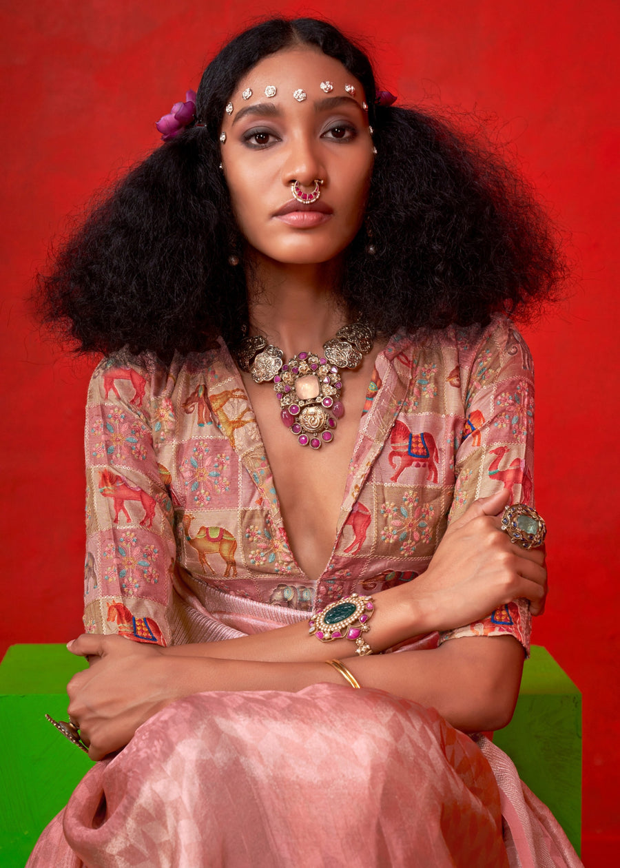 Rose Peach Banarasi Tissue Silk Handloom Saree