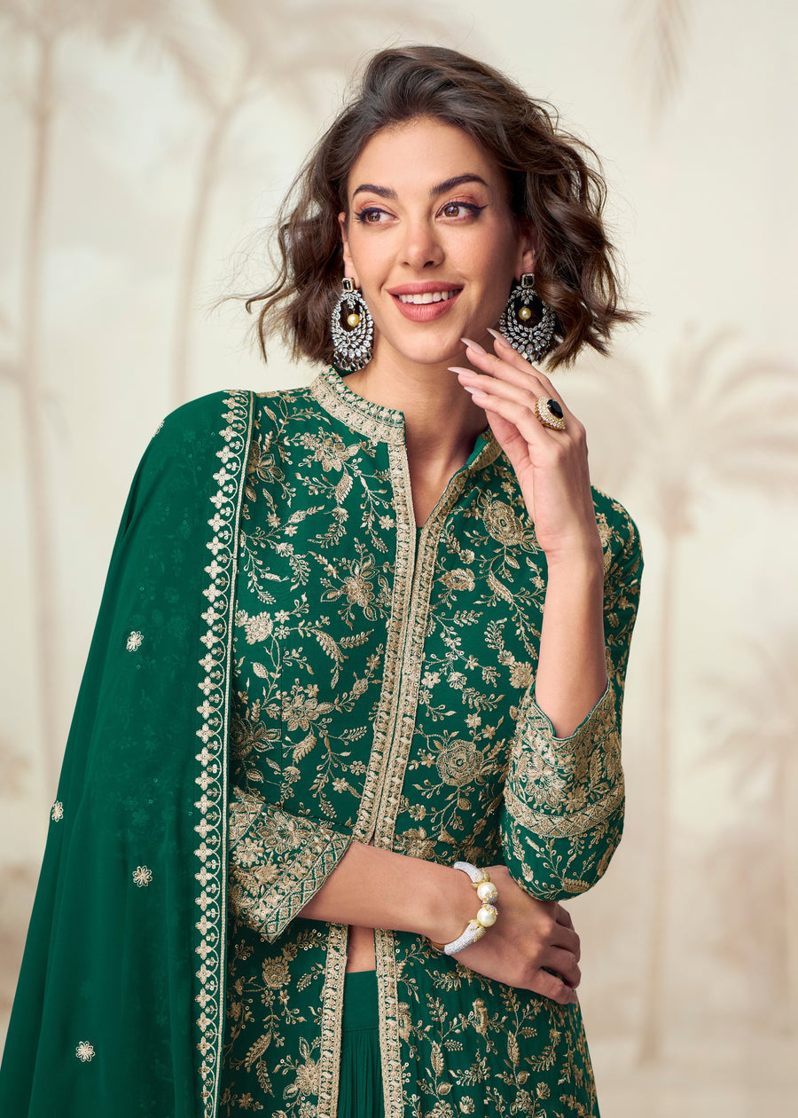 Green Readymade Jacket Style Anarkali Georgette Suit Set