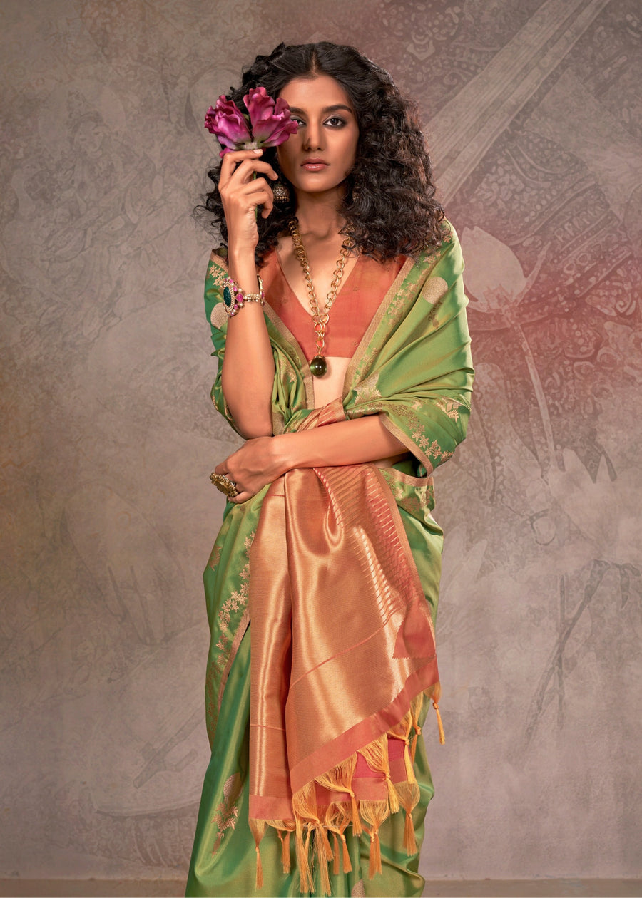 Soft Handloom Banarasi Silk Lawn Green Saree With Contrast Orange Blouse