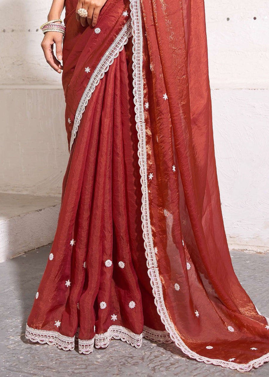 Crushed Tissue Rust Brown Embroidered Saree & Green Printed Blouse