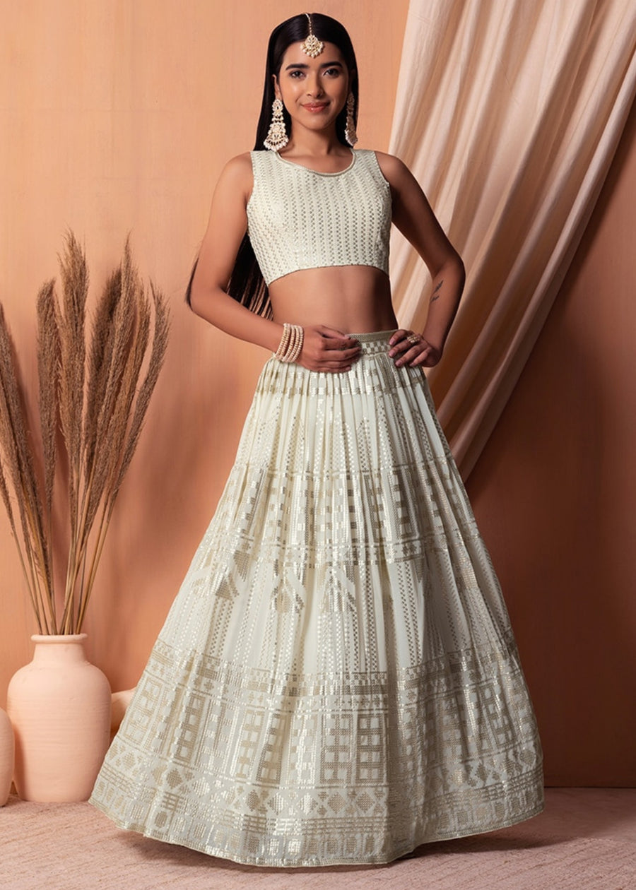 Off White Sequins Work Georgette Bridesmaids Lehenga Choli